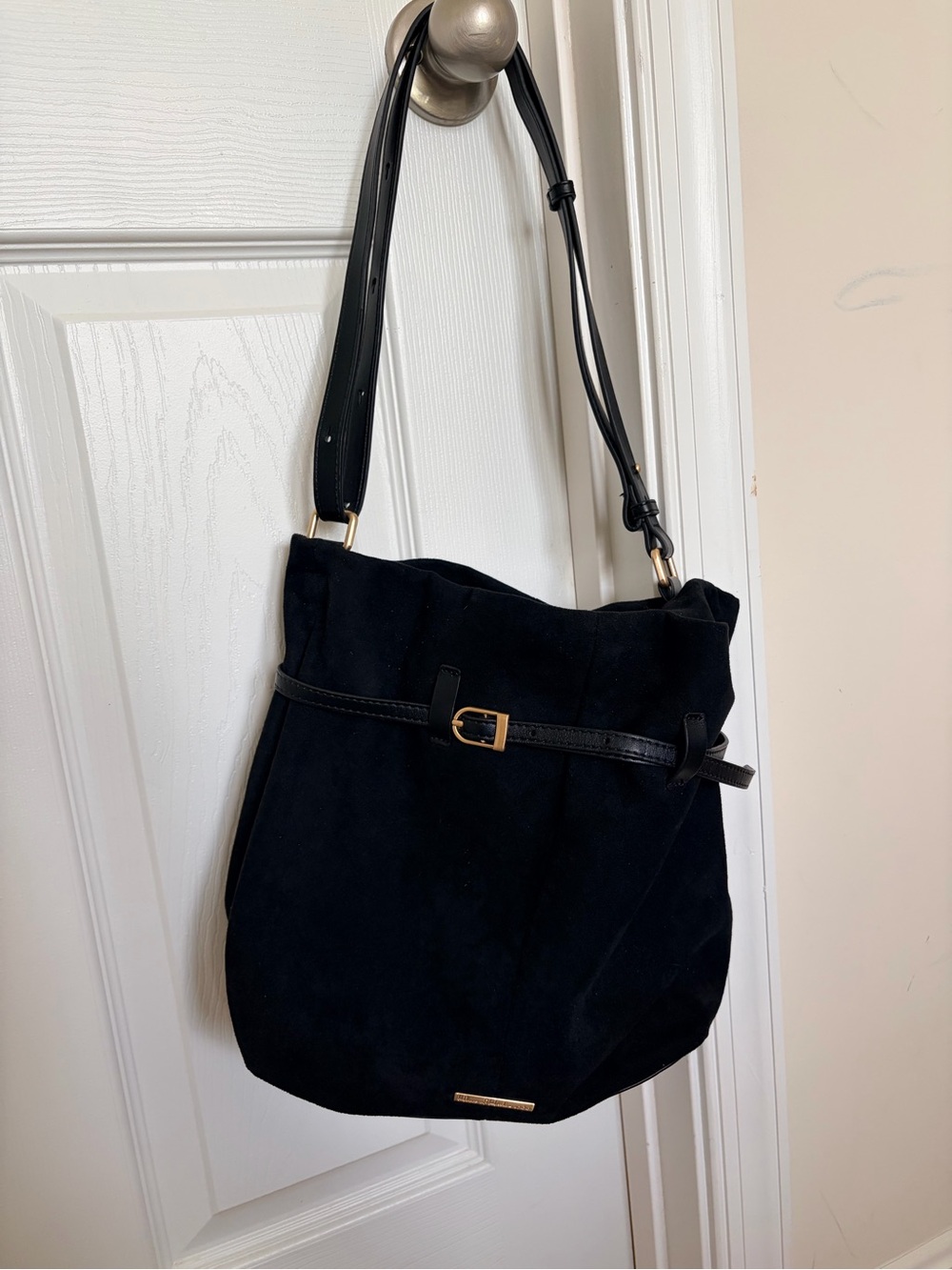 House of Harlow 1960 Black Suede Shoulder Bag with Gold Hardware